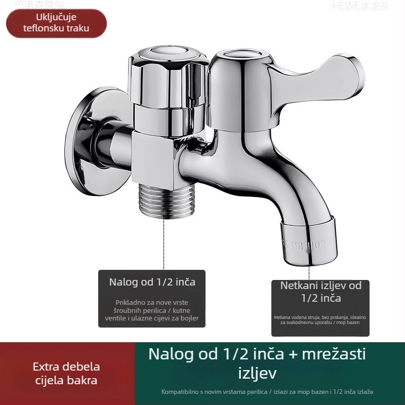 Prošireni slavine za perilicu rublja s dvostrukim glavom, ugradnja u zid, nehrđajući čelik, promjer sjedišta ventila 15 mm, promjer ulazno-izlaznih cijevi s četiri porta