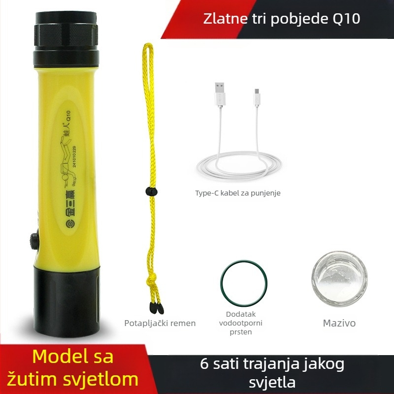 Potapljačka LED svjetiljka s dugačkim dometom, tijelo od aluminijske legure i čvrstog plastika, IPX8 vodootpornost, plutajuća verzija Q10