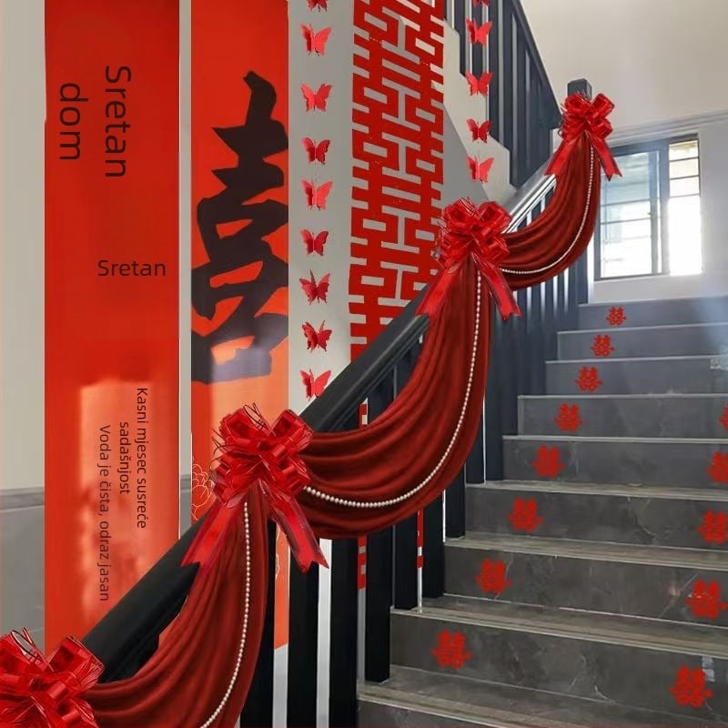 Vjenčani set dekoracija hodnika i rukohvata na stubištu, girlanda s natpisom 'Sretno' (Material: Non-woven fabric; Applicable occasions: Staircase; Pattern: No pattern; Material type: Ribbon; Category: Venue decoration props)