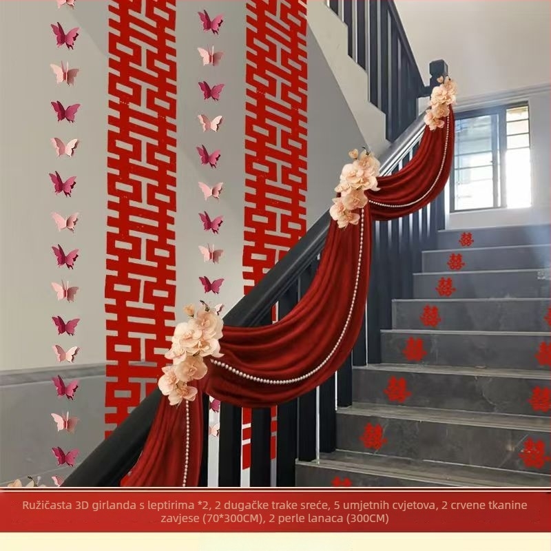 Vjenčani set dekoracija hodnika i rukohvata na stubištu, girlanda s natpisom 'Sretno' (Material: Non-woven fabric; Applicable occasions: Staircase; Pattern: No pattern; Material type: Ribbon; Category: Venue decoration props)