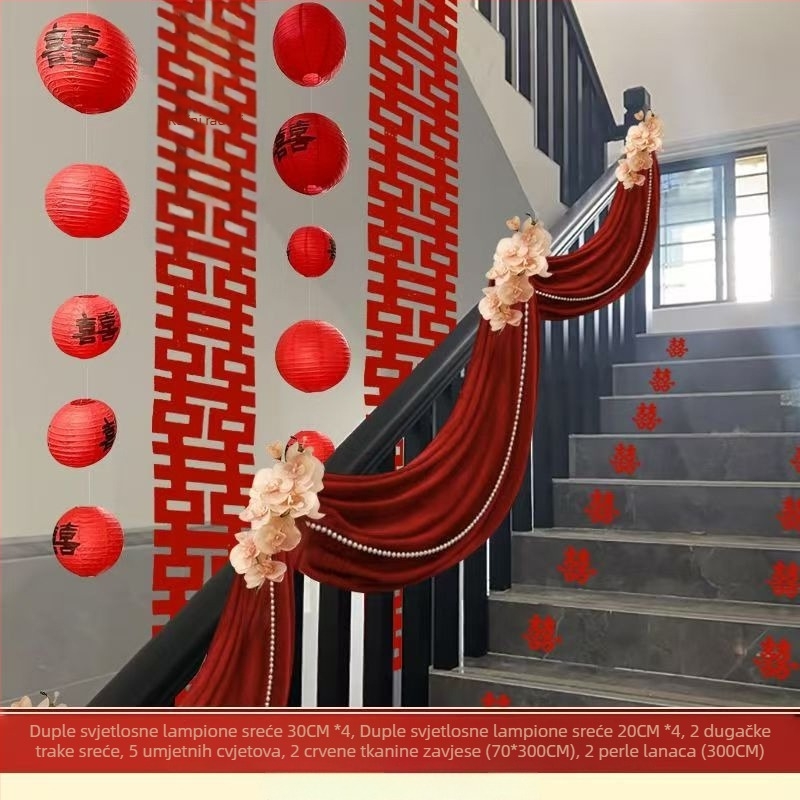 Vjenčani set dekoracija hodnika i rukohvata na stubištu, girlanda s natpisom 'Sretno' (Material: Non-woven fabric; Applicable occasions: Staircase; Pattern: No pattern; Material type: Ribbon; Category: Venue decoration props)