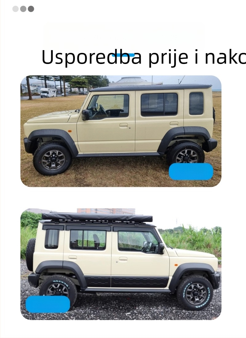 Zaštita od kišnice za prozor Suzuki Jimny 2007-2023, 3- i 5-vratni modeli; Materijal: akril/PS/PC; Ugradnja: ljepilo ili inline; Proces: injekcija/blister