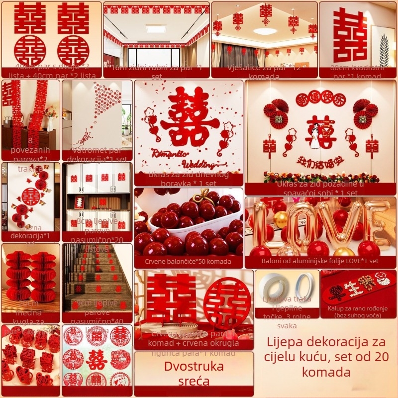 Set za dekoraciju svatbenog prostora – kompletan set za novu kuću. Značajke: Kategorija: rekviziti za uređenje prostora; Materijal: traka; Poklon: da (poslovni pokloni); Uvoz: Ne; Bez uzorka