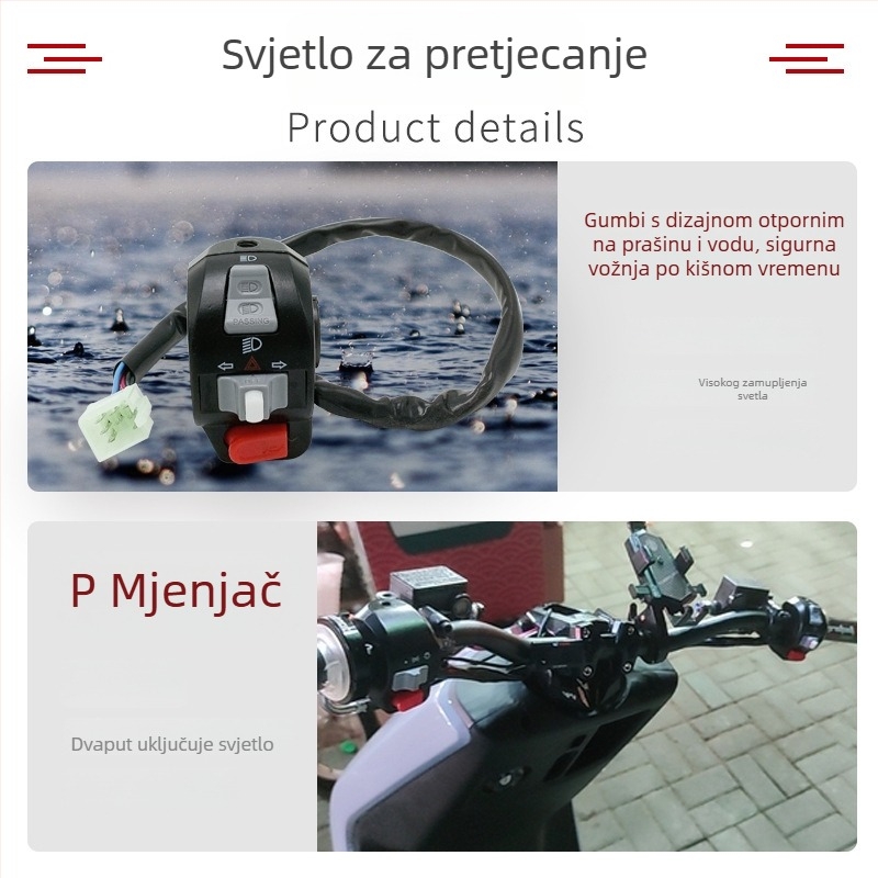 Prekidač upravljača za električni motocikl sa svjetlima za uzbunu, upravljanjem svjetlima, lijevi i desni pokazivači te truba