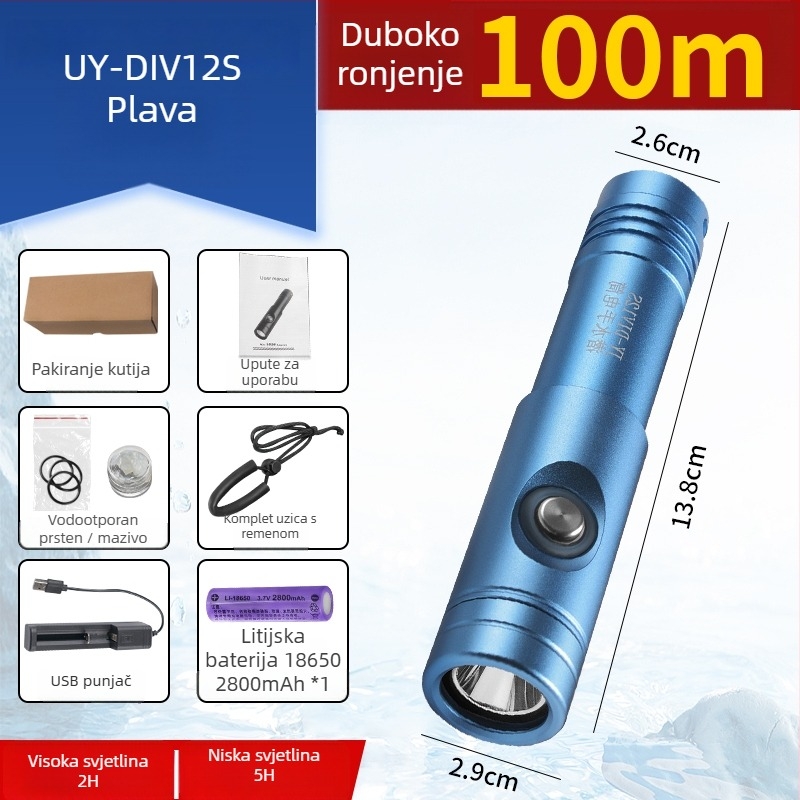 LED potapljačka svjetiljka, ultra jaka, vodootporna, punjiva, za duboko ronjenje i upotrebu na kopnu i moru