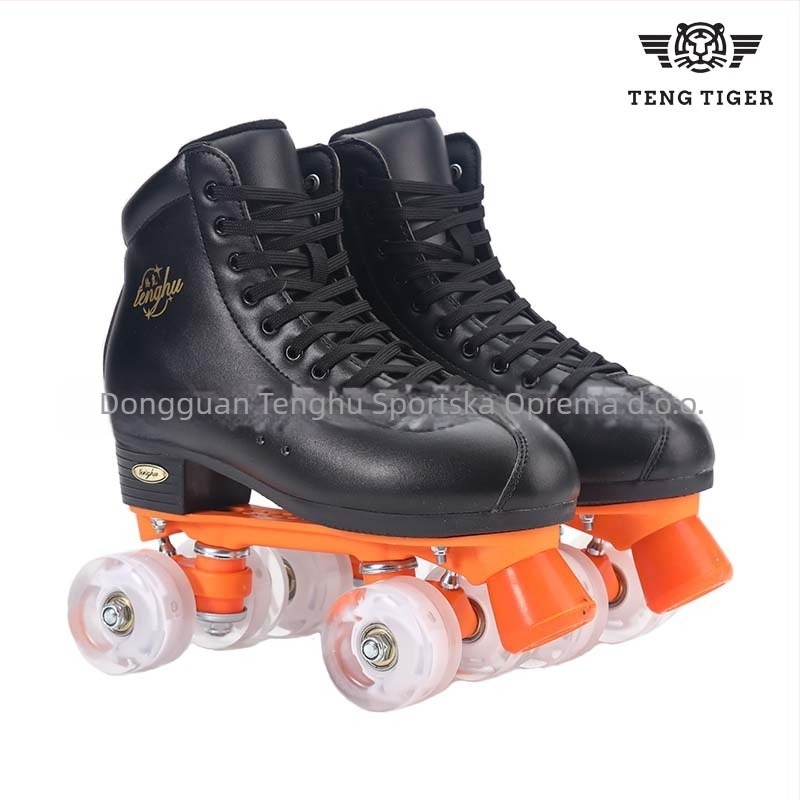 Patine za rolanje s dvostrukim redom PU kotača, gornji dio od ultratanke kože, gumena kočnica, unisex, Tenghu