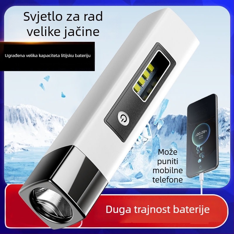 Višenamjenska LED baterijska svjetiljka s nužnim punjenjem i bočnim svjetlima, USB punjenje; LED, 800 mAh, 3.7 V, ručno punjenje, domet 200–500 m