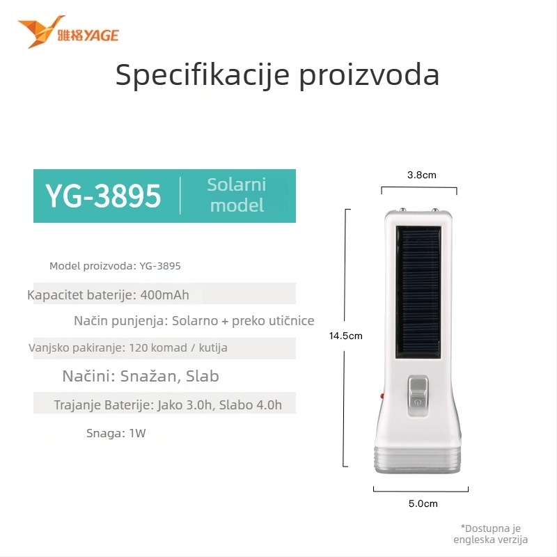 LED fenjer – vodootporan, prijenosan, višenamjenski; napajanje solarno i ručna generacija; snaga 0.7 W; LED izvor; baterija 400 mAh; domet 100–200 m
