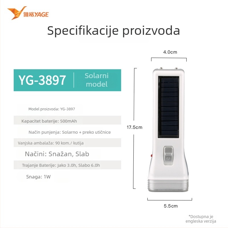 LED fenjer – vodootporan, prijenosan, višenamjenski; napajanje solarno i ručna generacija; snaga 0.7 W; LED izvor; baterija 400 mAh; domet 100–200 m