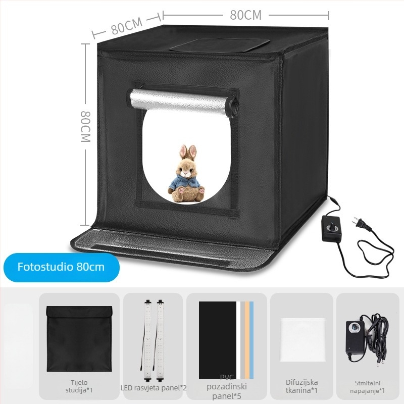 Malo foto-studio s sklopivom LED kutijom za rasvjetu, metalnim okvirom i reflektirajućom tkaninom, zaslon 80×80 cm, 5600K, 100–240V.