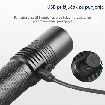 LED svjetiljka 10W, baterija 3000 mAh, domet 200–500 m, kućište od aluminijske legure, 360° rotacija