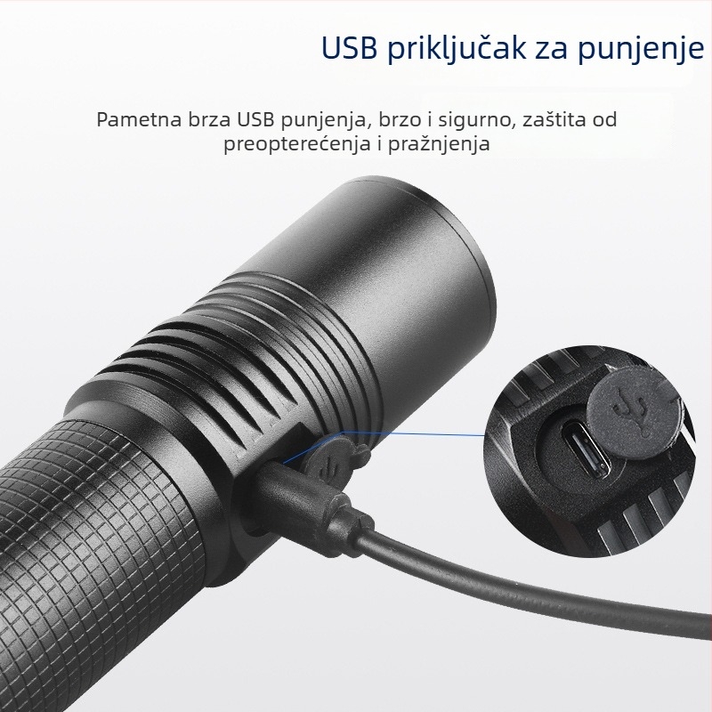 LED svjetiljka 10W, baterija 3000 mAh, domet 200–500 m, kućište od aluminijske legure, 360° rotacija