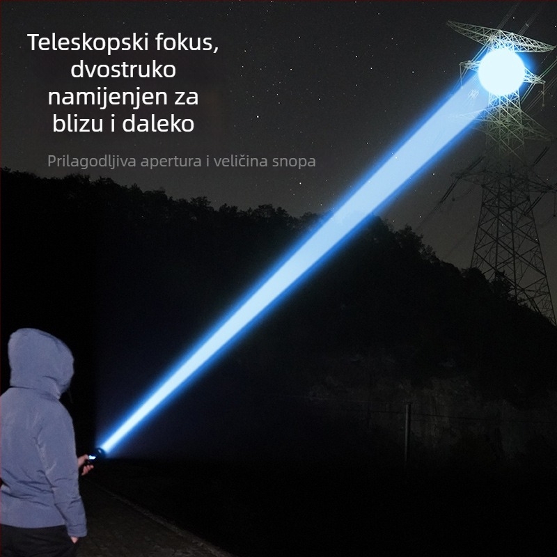 LED svjetiljka 10W, baterija 3000 mAh, domet 200–500 m, kućište od aluminijske legure, 360° rotacija