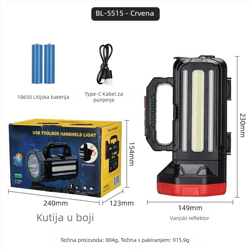 LED solarna svjetiljka s punjenjem, 2400 mAh, 10 W, LED svjetlo, domet 100–200 m, višenamjenska
