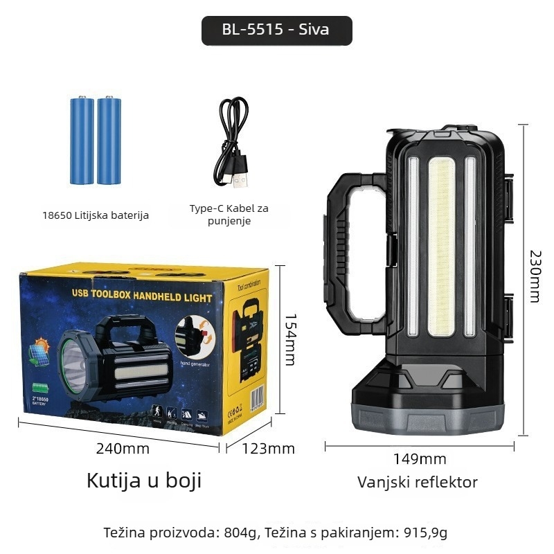 LED solarna svjetiljka s punjenjem, 2400 mAh, 10 W, LED svjetlo, domet 100–200 m, višenamjenska