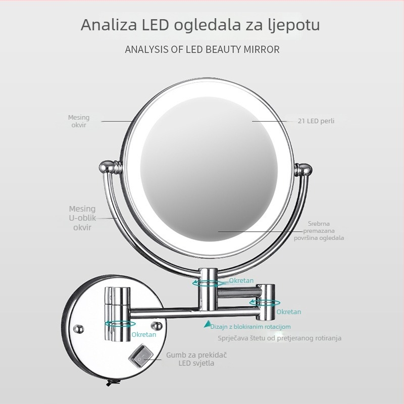 Anju Sklopivo ogledalo za kupaonicu, dvostrano, zidno, proširivo, metalni okvir