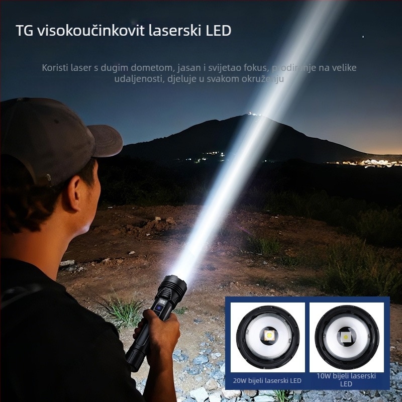Ručna baterijska svjetiljka s bijelim laserom, 20W, domet 200–500 m, trajanje 4–8 h, funkcija power bank