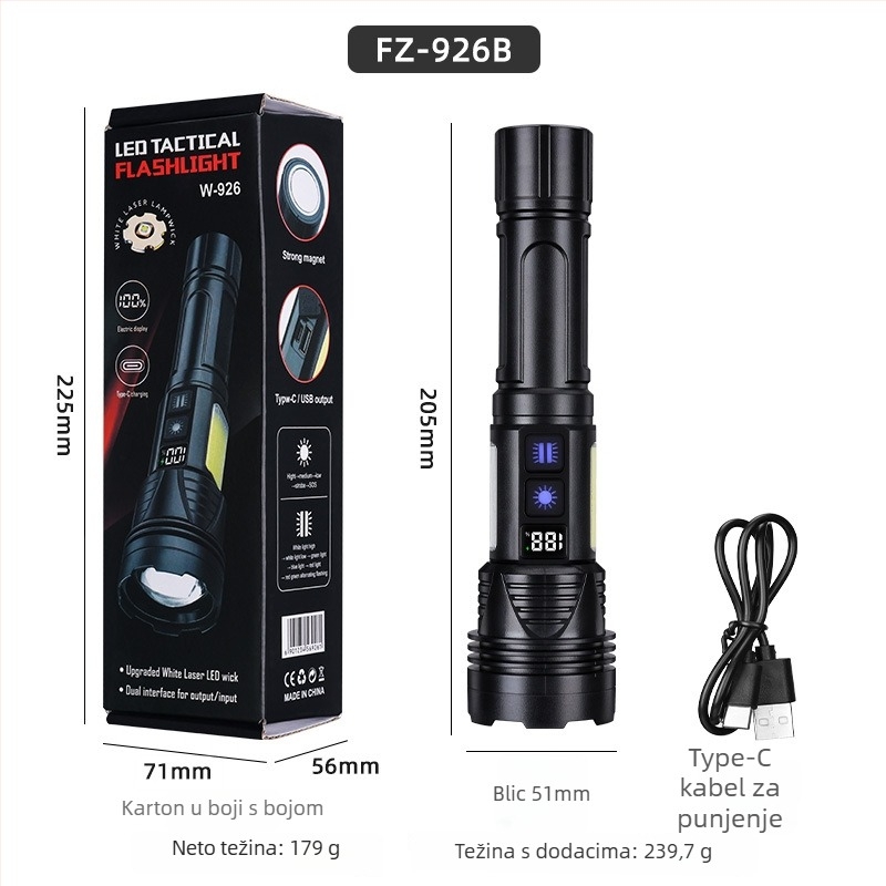 Ručna baterijska svjetiljka s bijelim laserom, 20W, domet 200–500 m, trajanje 4–8 h, funkcija power bank
