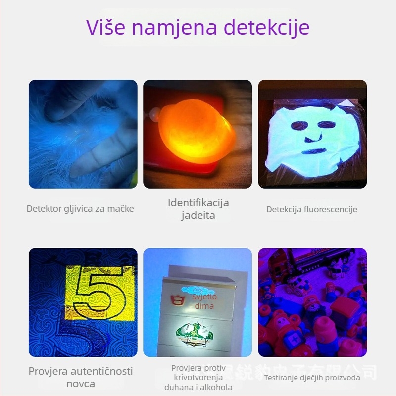 Wood's lamp UV LED za otkrivanje fluorescencije (365 nm) — aluminijska legura kućište; ugrađena 14500 Li-ion baterija; 20W LED; ručno pokretanje