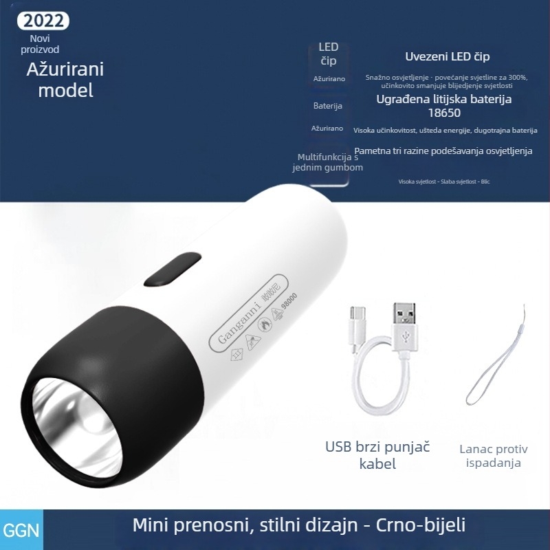 USB punjiva LED mini svjetiljka, prijenosno višenamjensko osvjetljenje (10W LED, ugrađena 18650 baterija, domet 200–500 m)