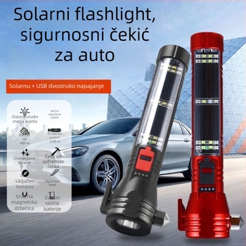 Automobilska višenamjenska LED svjetiljka s COB LED, solarno napajanje i ručni generator, čekić za razbijanje stakla, 1800 mAh baterija