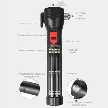 Automobilska višenamjenska LED svjetiljka s COB LED, solarno napajanje i ručni generator, čekić za razbijanje stakla, 1800 mAh baterija