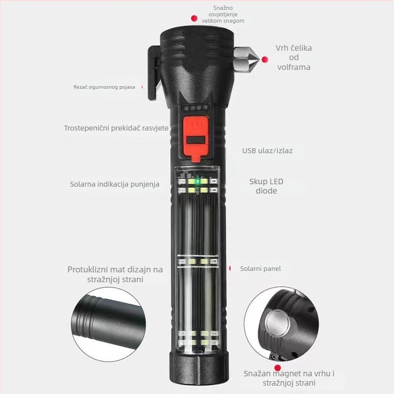 Automobilska višenamjenska LED svjetiljka s COB LED, solarno napajanje i ručni generator, čekić za razbijanje stakla, 1800 mAh baterija