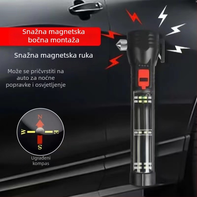 Automobilska višenamjenska LED svjetiljka s COB LED, solarno napajanje i ručni generator, čekić za razbijanje stakla, 1800 mAh baterija
