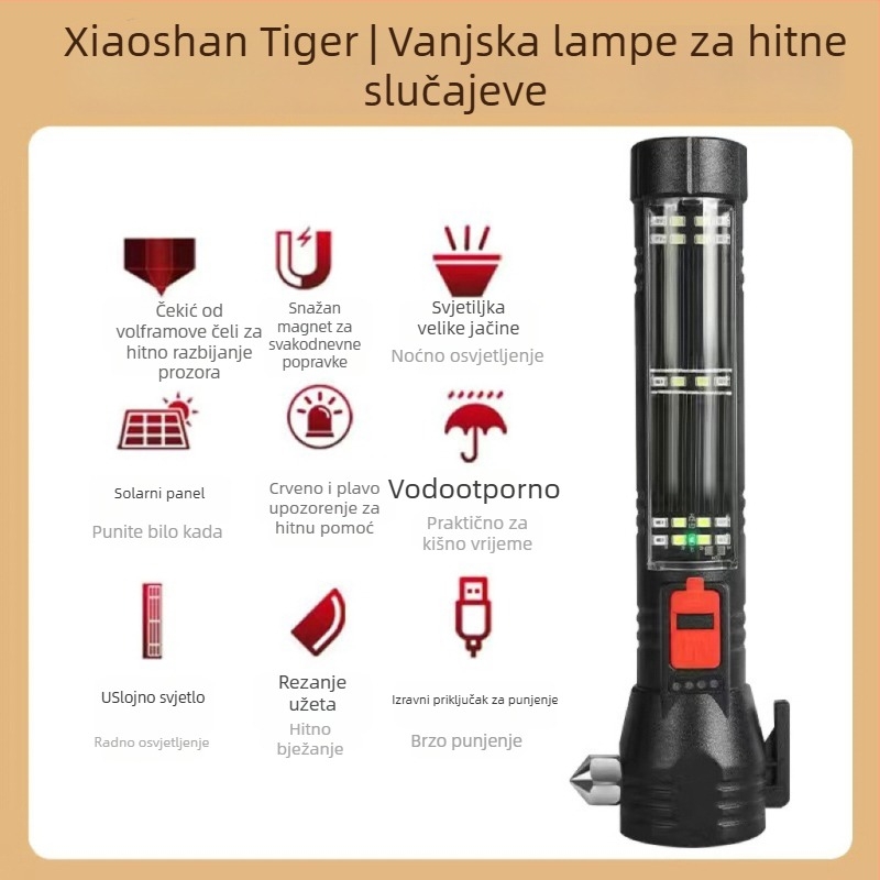 Automobilska višenamjenska LED svjetiljka s COB LED, solarno napajanje i ručni generator, čekić za razbijanje stakla, 1800 mAh baterija