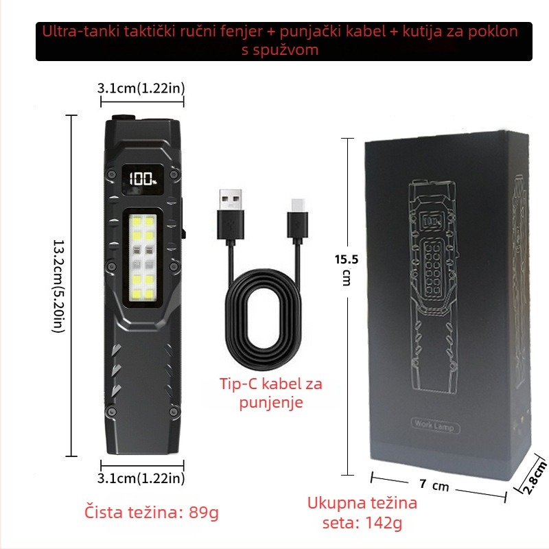 Taktička EDC pametna lanterna — ultra-tanka, ručno pokretana, 1000mAh punjiva, 20W LED s bočnim svjetlom, 100–240 lm, domet 100–200 m