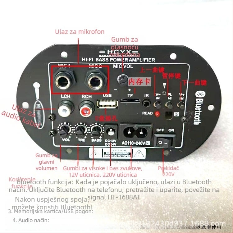 Automobilska ploča za kontrolu zvuka - Bluetooth, USB, memorijska kartica, subwoofer, 30W pojačalo