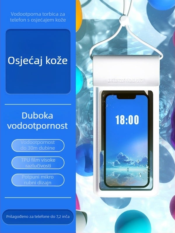 Vodootporna torbica za telefon s dodirnim zaslonom, PU+TPU materijal, razina vodootpornosti 8, za plivanje, ronjenje i rafting