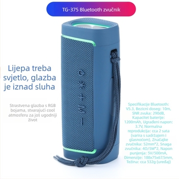 TG375 bežični Bluetooth zvučnik s LED svjetlima, IPX4 vodootporan, 10W, ugrađena baterija 1200-2000mAh, frekvencijski odziv 100Hz-20kHz