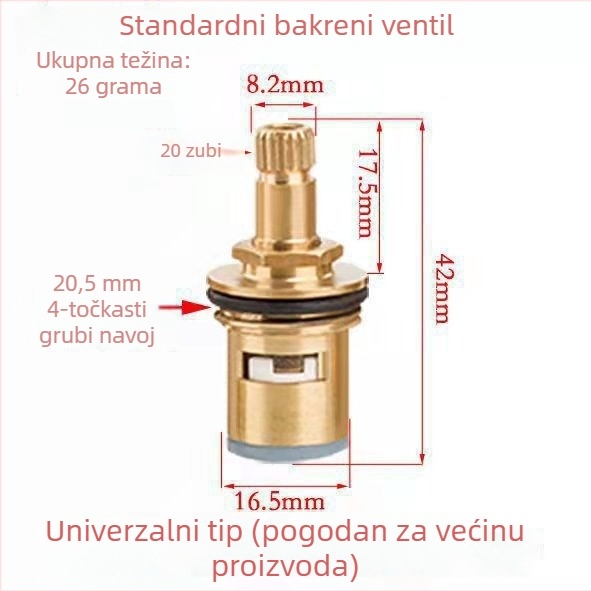 Bakreni jezgreni kutni ventil za slavinu toplom i hladnom vodom – nominalni promjer 20 mm, 180° okret, maksimalna temperatura rada 100°C, vijek trajanja 50 godina