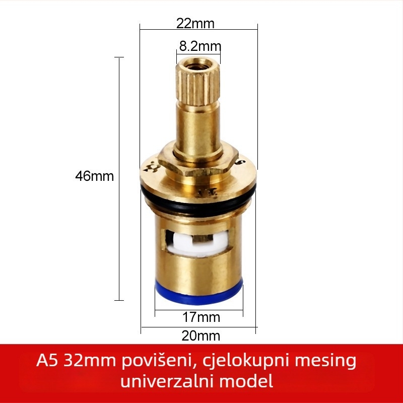 Bakreni jezgreni kutni ventil za slavinu toplom i hladnom vodom – nominalni promjer 20 mm, 180° okret, maksimalna temperatura rada 100°C, vijek trajanja 50 godina
