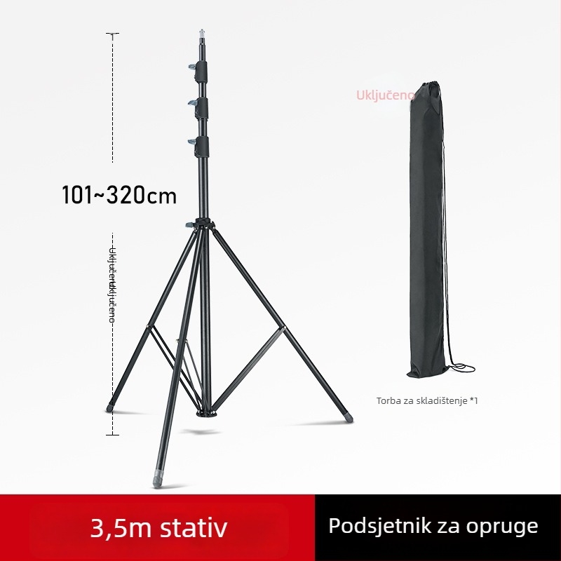 LINCO ZENITH LED foto-stativ, prijenosno trodjelno postolje, visina 3,2 m, SPCC čelik, nosivost 8 kg, 3 odjeljka, promjeri cijevi 19/22.2/25.4/28.6 mm