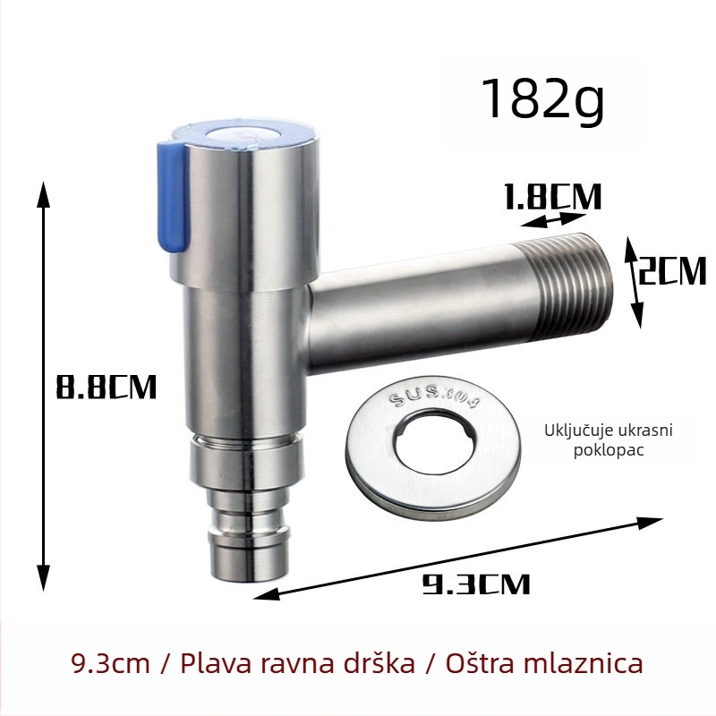 Kran za perilicu od nehrđajućeg čelika 304, produženje za ugradnju u zid, 20 mm ulaz/izlaz, cjelovito bakreno jezgro ventila, 0–90 °C