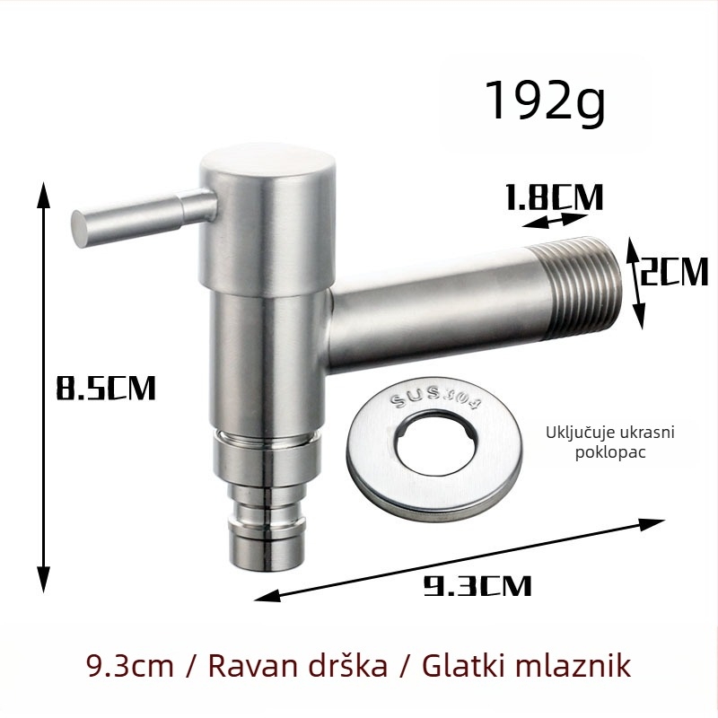 Kran za perilicu od nehrđajućeg čelika 304, produženje za ugradnju u zid, 20 mm ulaz/izlaz, cjelovito bakreno jezgro ventila, 0–90 °C