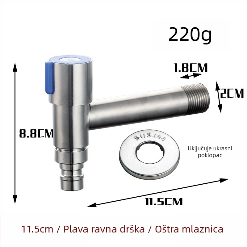 Kran za perilicu od nehrđajućeg čelika 304, produženje za ugradnju u zid, 20 mm ulaz/izlaz, cjelovito bakreno jezgro ventila, 0–90 °C
