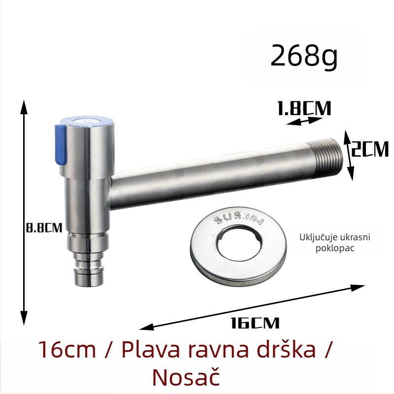 Kran za perilicu od nehrđajućeg čelika 304, produženje za ugradnju u zid, 20 mm ulaz/izlaz, cjelovito bakreno jezgro ventila, 0–90 °C