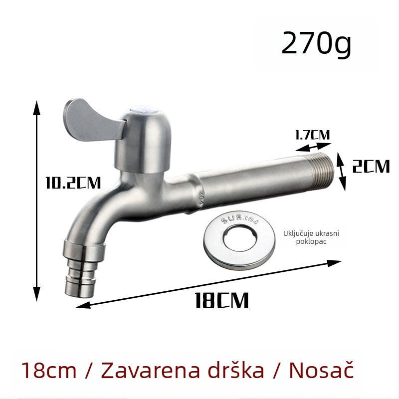 Kran za perilicu od nehrđajućeg čelika 304, produženje za ugradnju u zid, 20 mm ulaz/izlaz, cjelovito bakreno jezgro ventila, 0–90 °C