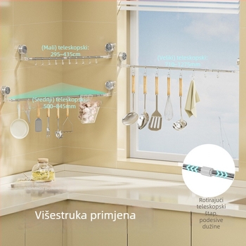 Proširiva kuhinjska šipka sa usisnom čašom za prozor – bez bušenja, s kukama, spremnik za posuđe i krpe, nosivost 1 kg