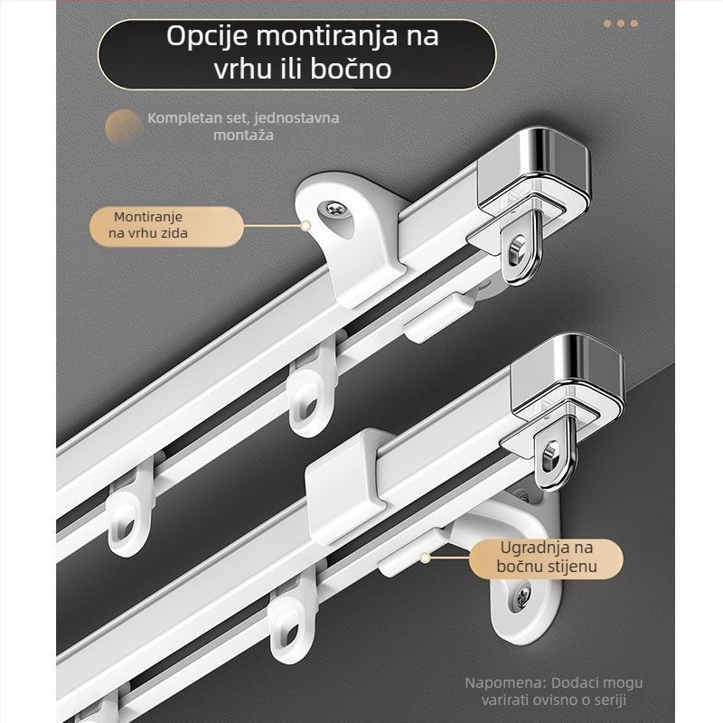 Sustav šina za zavjese za prozor — aluminijska legura, proširiv, tih, dvostruka tračnica, klizni kotači