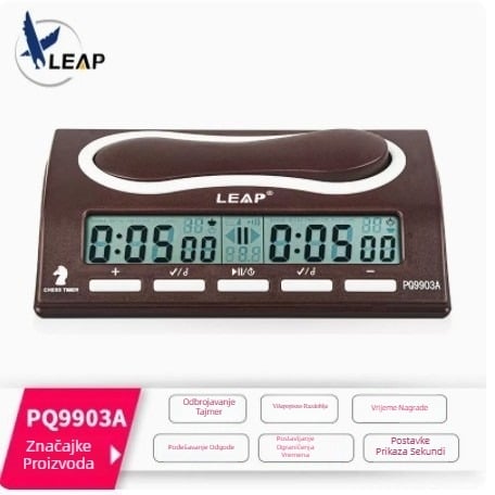 Šahovski sat Tianfu 9907 PQ9907S (Pogon: Elektronički; Prikaz: pokazivač + brojčani prikaz; Oblik: Ovalni; Kućište: Smola; Napajanje: Baterije)
