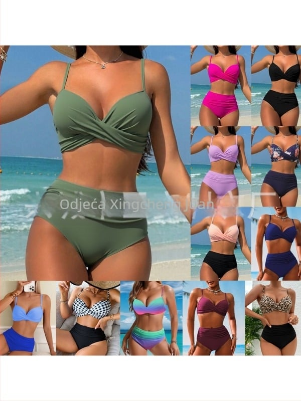 Dvodijelni bikini s otkrivenim strukom, zaštita od sunca, jastučić za prsni dio, bez rukava, poliester tkanina s podstavom od spandexa