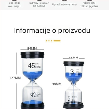 Pješčani sat-ukras s tajmerom 15/30/60 minuta, fužano borosilikatno staklo s plastičnim poklopcem, jednostavan moderan stil