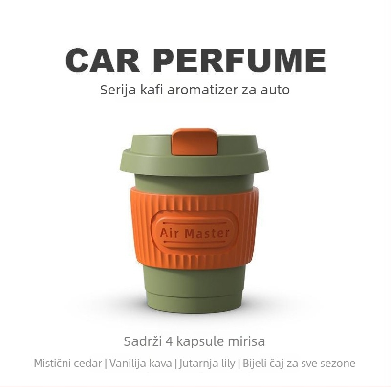 Automobilski difuzor zraka s klipom za izlaz zraka — serija šalice kave, ABS + silikon gel, 10–20 ml, narančasto cvjetni miris, trajanje isparavanja 16–30 dana