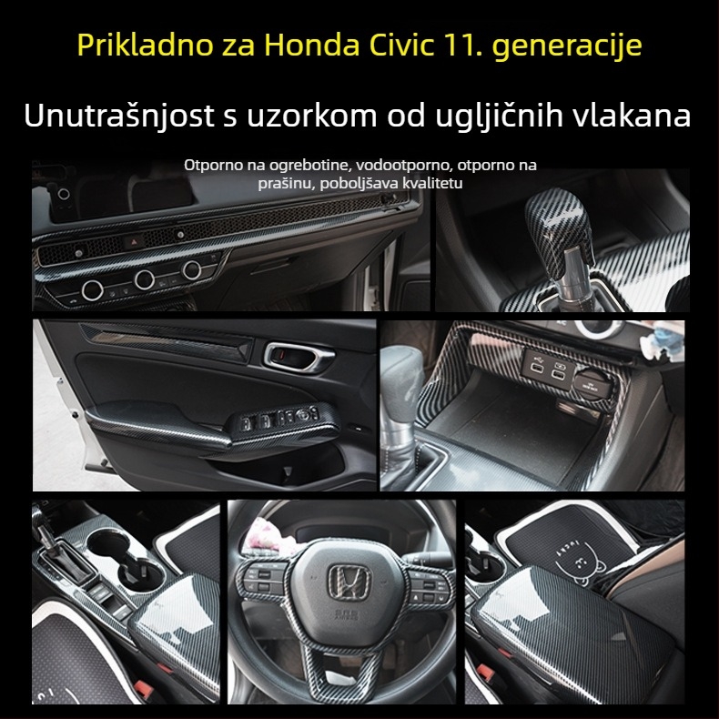 Unutarnja prilagodba za Honda Civic 11. generacije: okvir središnjeg pločnog sustava s stražnjim otvorom za ventilaciju i staklenim prekidačem, ABS