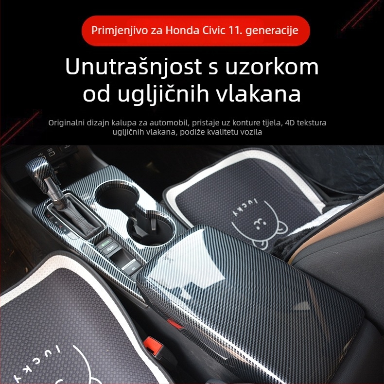 Unutarnja prilagodba za Honda Civic 11. generacije: okvir središnjeg pločnog sustava s stražnjim otvorom za ventilaciju i staklenim prekidačem, ABS