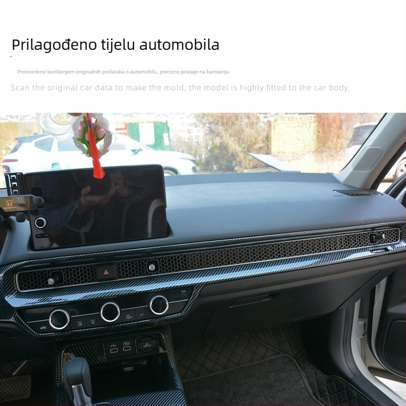 Unutarnja prilagodba za Honda Civic 11. generacije: okvir središnjeg pločnog sustava s stražnjim otvorom za ventilaciju i staklenim prekidačem, ABS